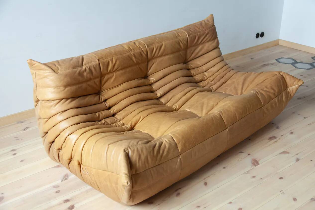 3-seater Togo camel leather sofa