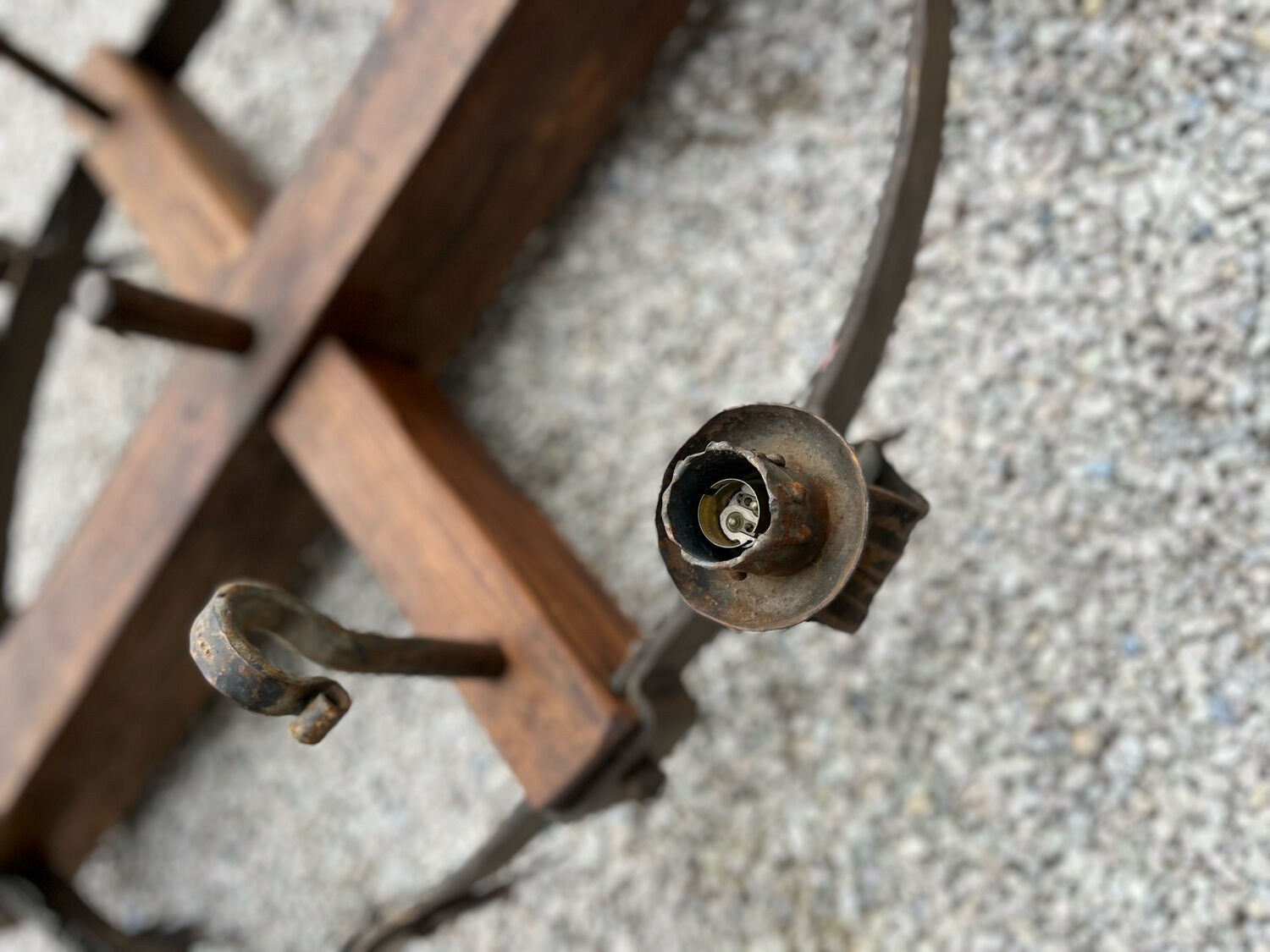 Castle chandelier in oak and cast iron 1950 60