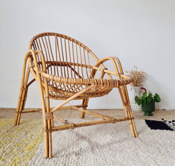 Fauteuil ancien en rotin - fauteuil adulte corbeille années 60