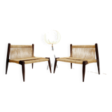 Pair of lounge chairs in woven jute rope and solid wood