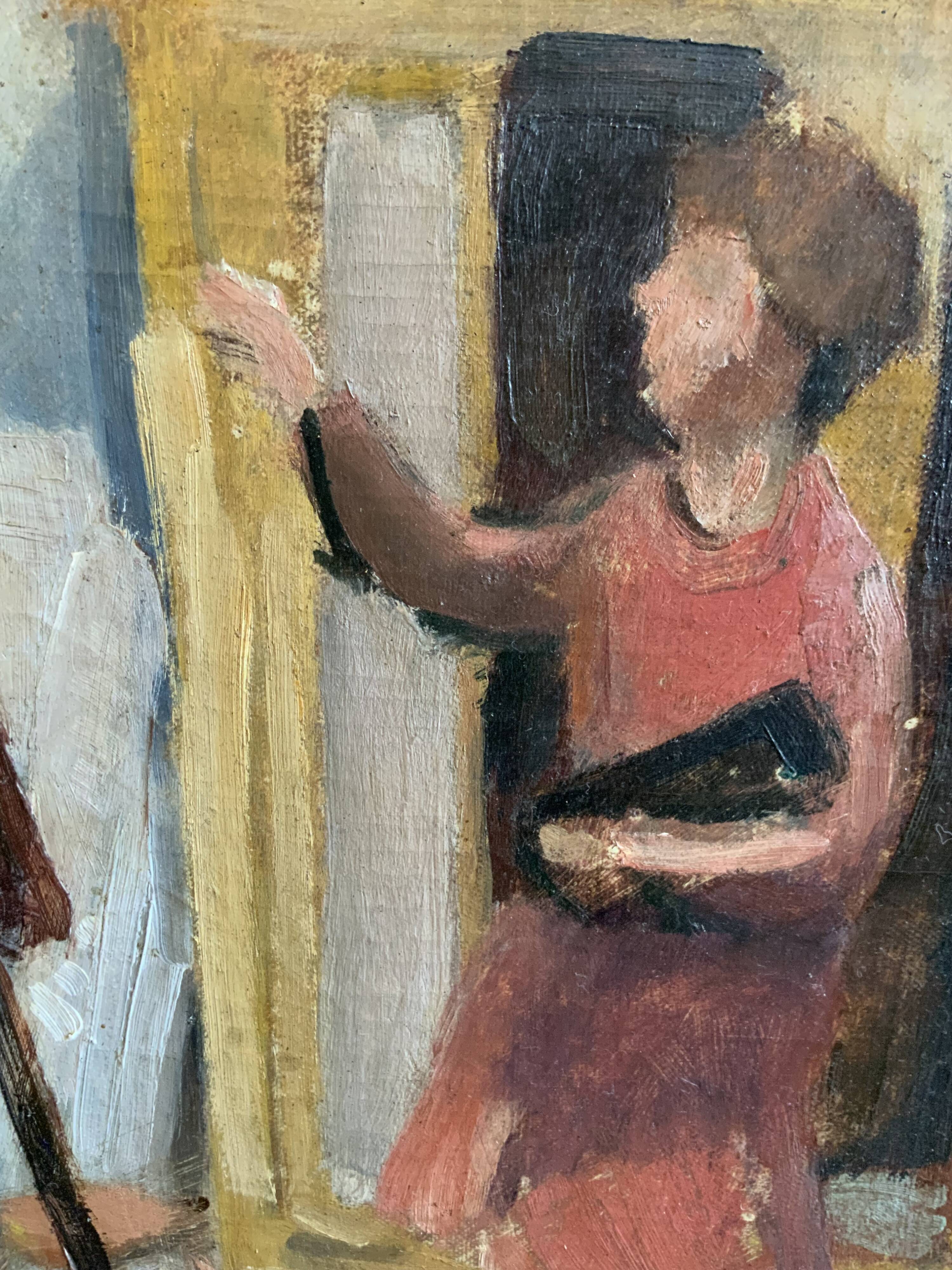 Vintage Oil On Canvas Interior with Woman Signed By Artist W.S., circa 1950s