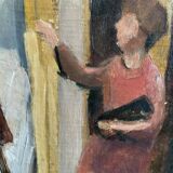 Vintage Oil On Canvas Interior with Woman Signed By Artist W.S., circa 1950s