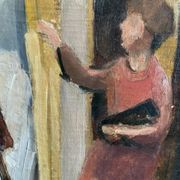 Vintage Oil On Canvas Interior with Woman Signed By Artist W.S., circa 1950s