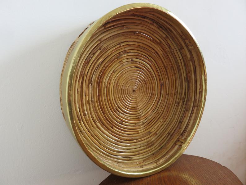 Round basket rattan and brass 60s 70s