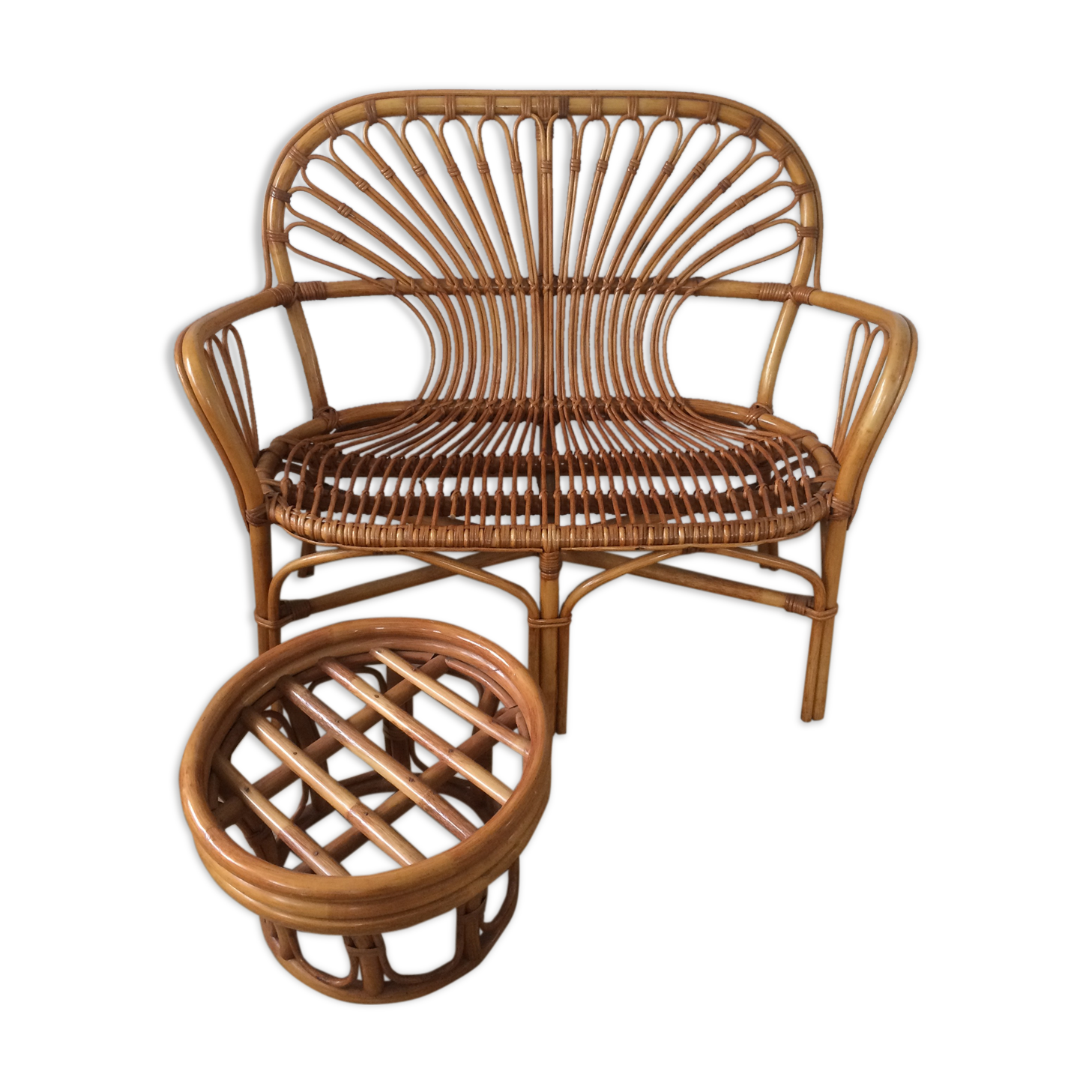 Rattan bench with vintage footrest