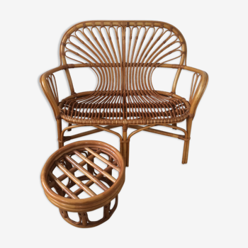 Rattan bench with vintage footrest