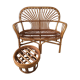 Rattan bench with vintage footrest