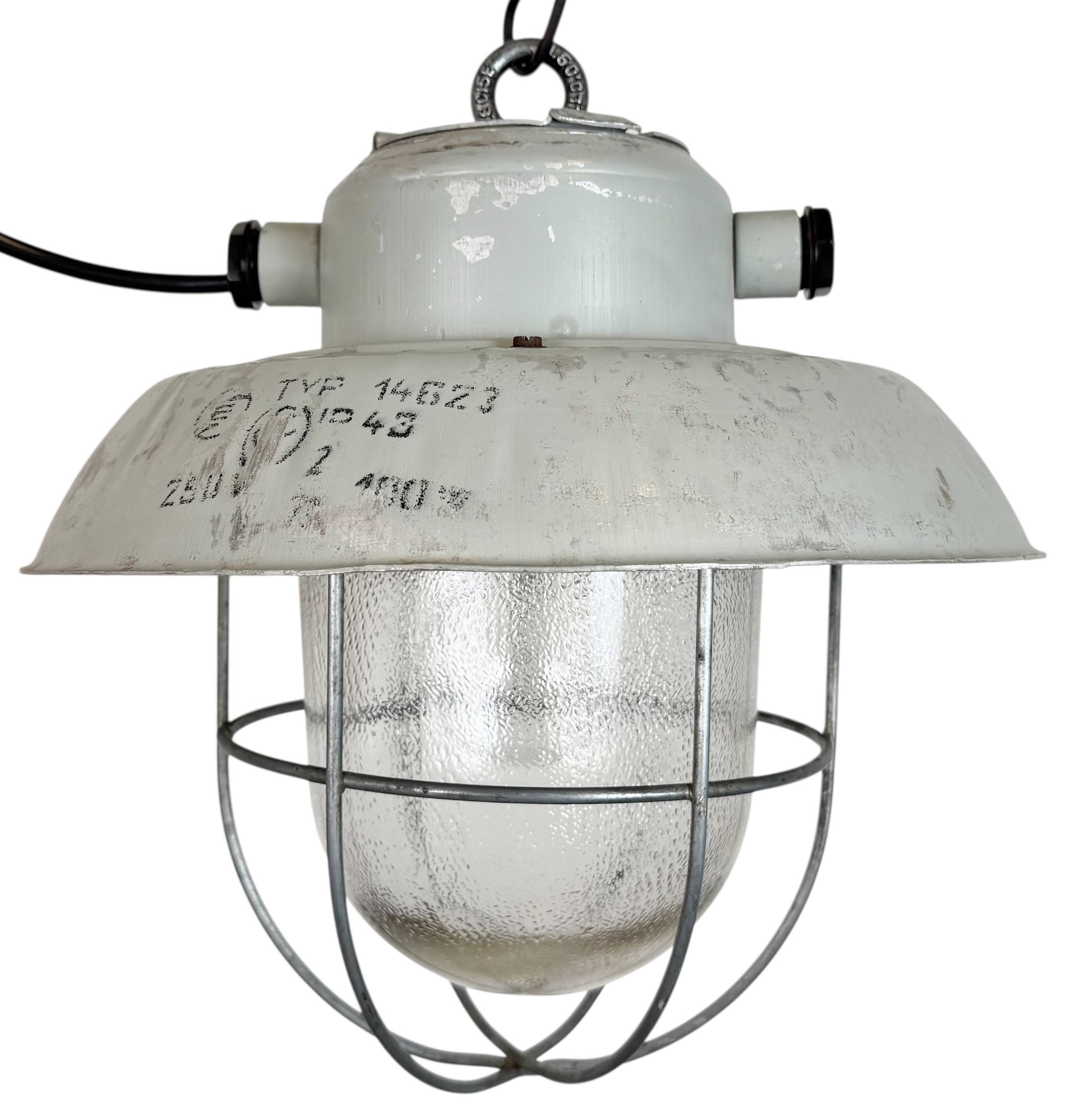 Grey Industrial Aluminium Cage Pendant Lamp with Frosted Glass, 1970s