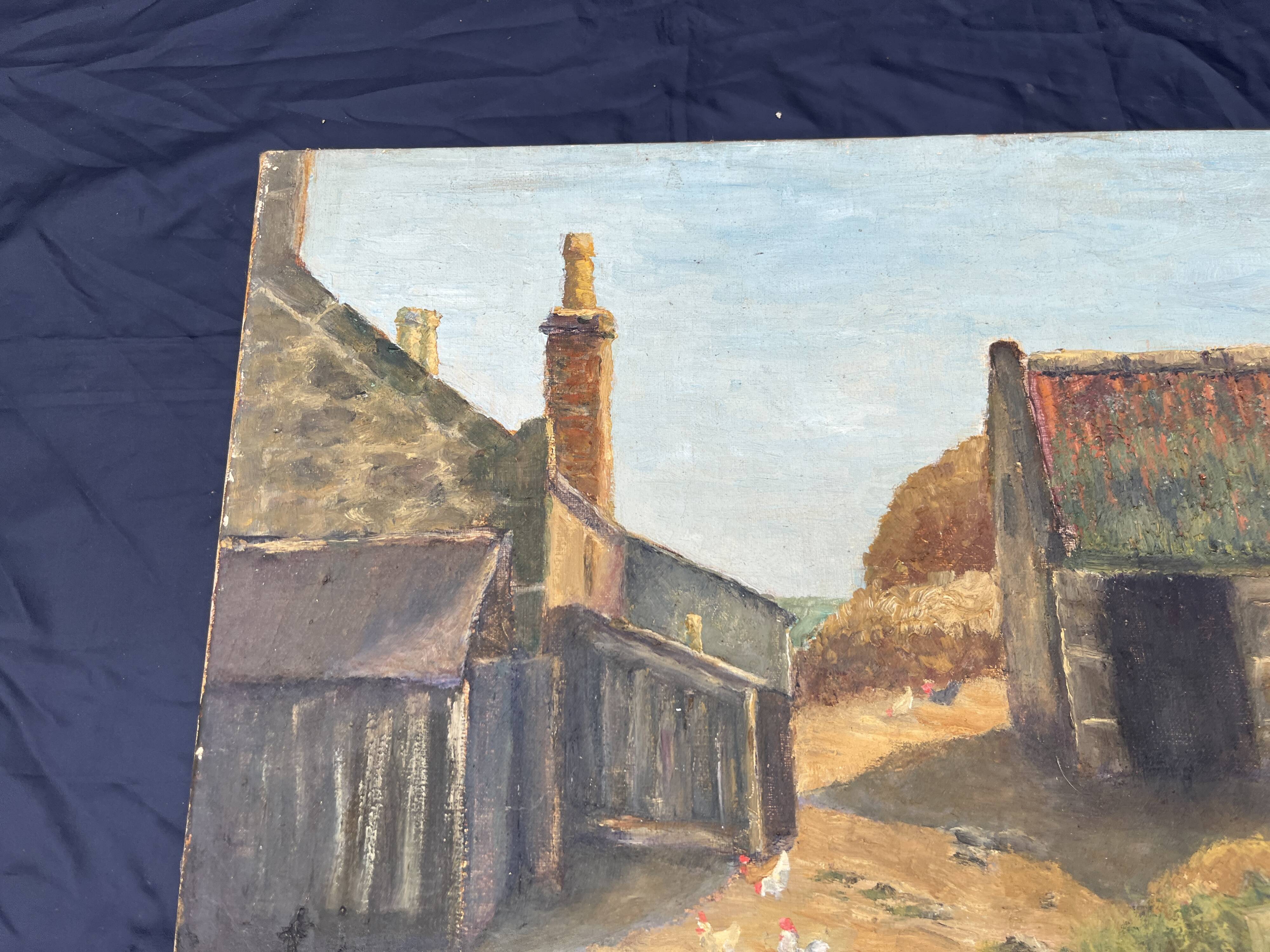 Painting on canvas signed “Wyett” – Village scene with chickens