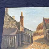 Painting on canvas signed “Wyett” – Village scene with chickens