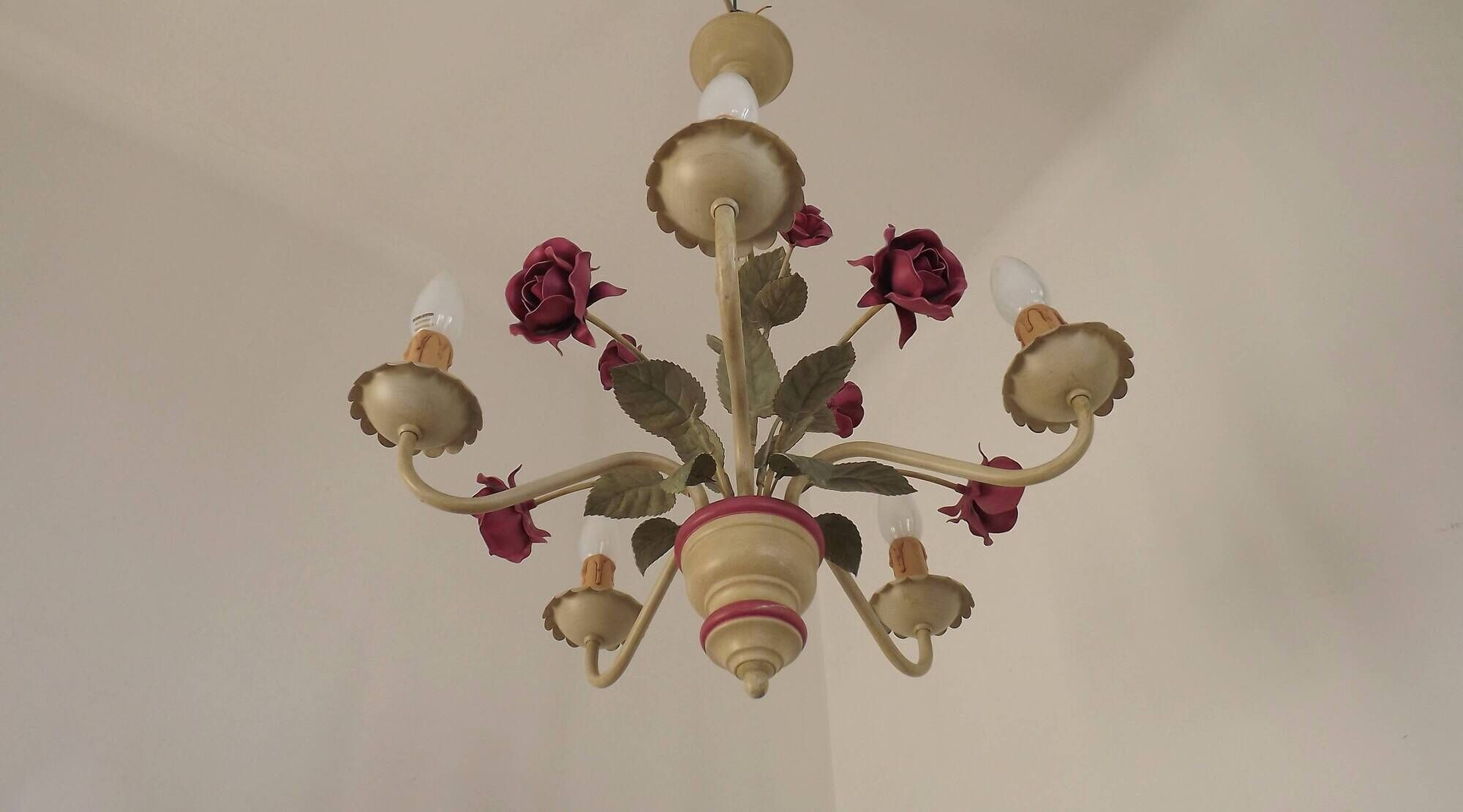 French vintage metal deep pink rose and green leaf 5-light chandelier