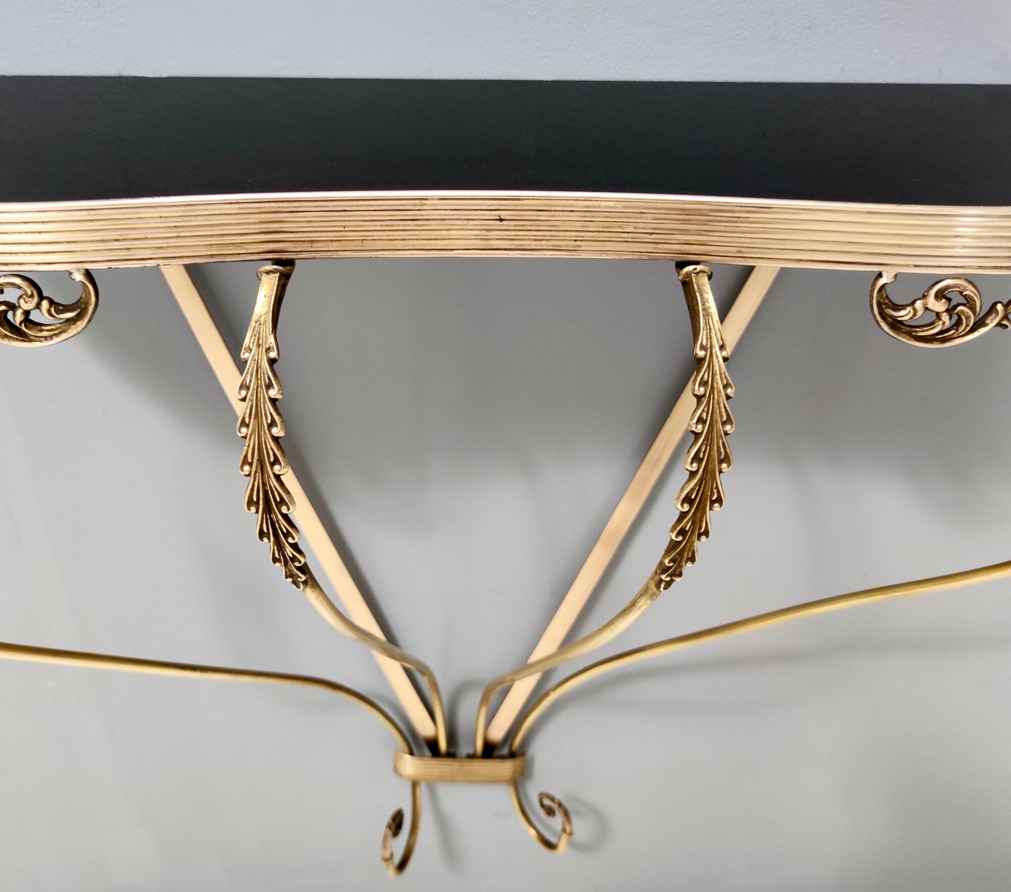 Vintage Wall Mounted Brass Console Table With Demilune Black Glass Top, Italy