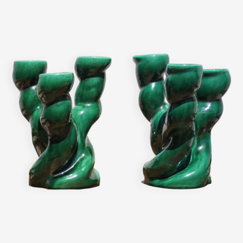 Pair of twisted green ceramic candlesticks, 3-branched candlestick, Vallauris style emerald candelabra
