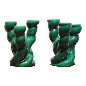 Pair of twisted green ceramic candlesticks, 3-branched candlestick, Vallauris style emerald candelabra