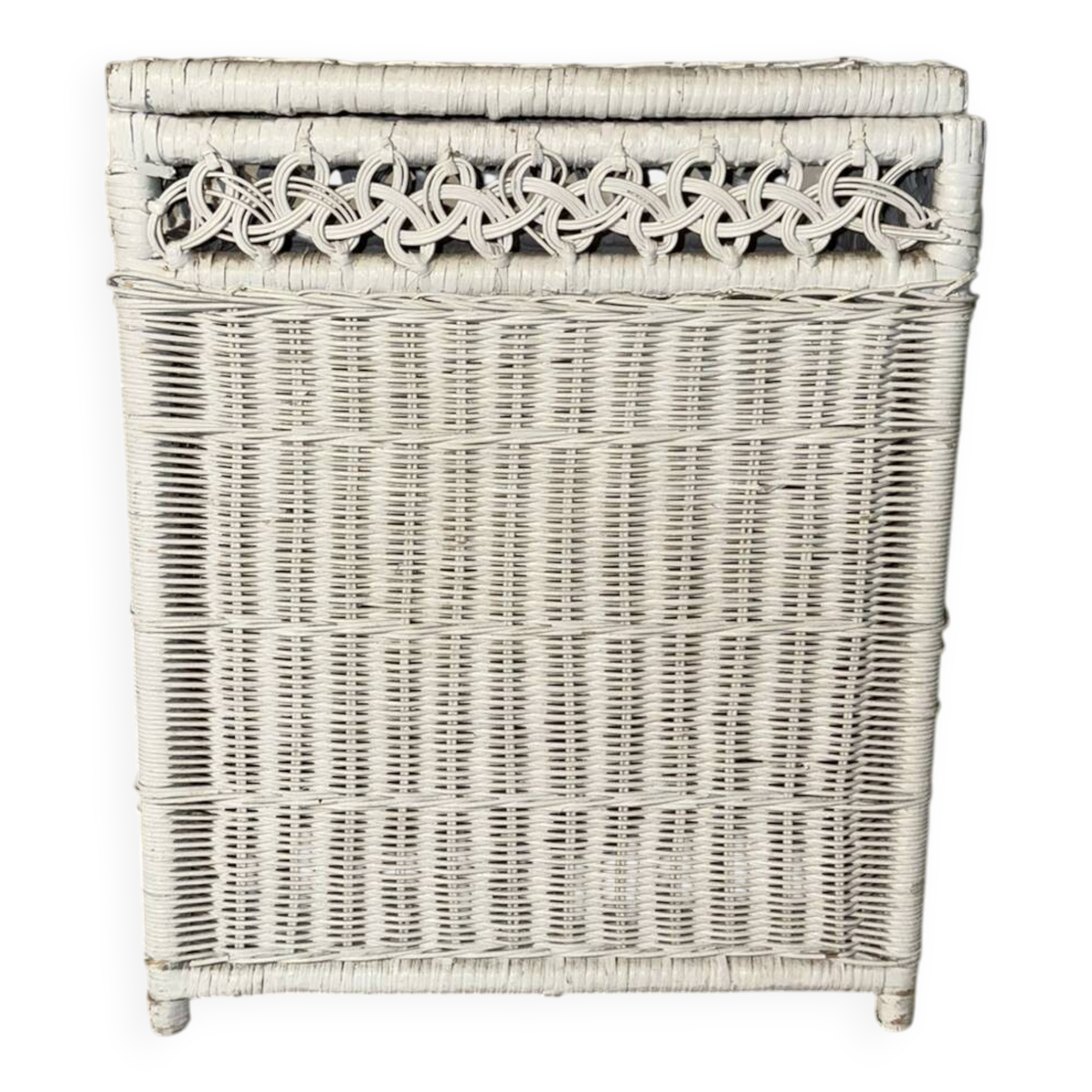 Vintage white rattan laundry basket with lid