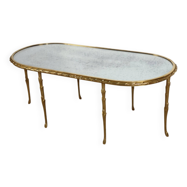 Table basse Maison Baguès en bronze doré et miroir vieilli – Années 1950