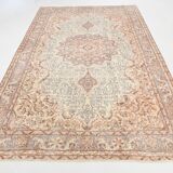 Vintage Persian Style Rug, Soft Beige Blue Medallion Handwoven Carpet