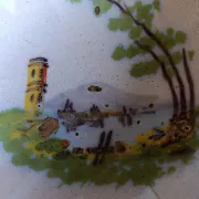 Antique French salad bowl from Martres-Tolosane, hand-painted landscape, bl