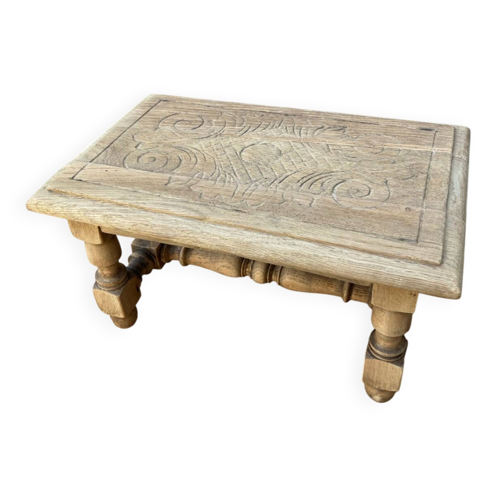 Small stool rustic raw oak sculpted top