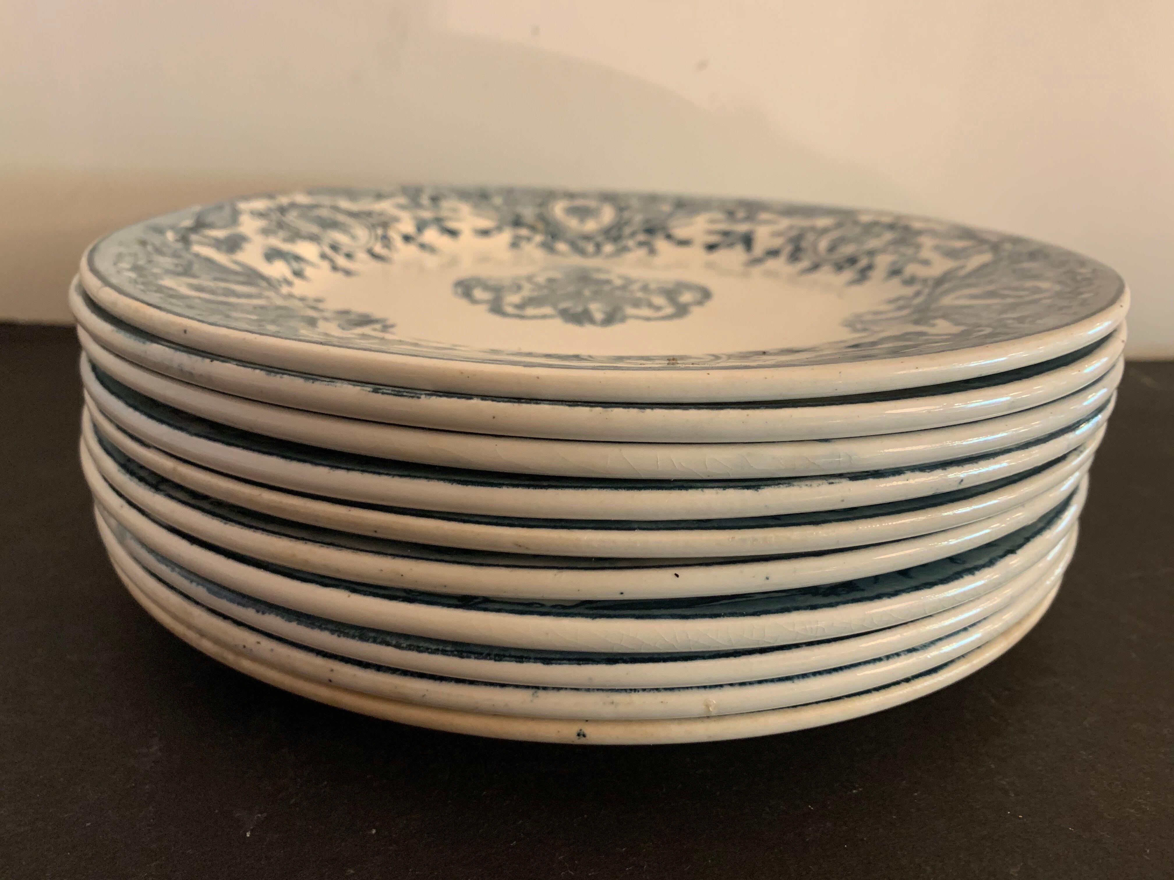 10 old blue flat plates Terre de Fer Léon Graves model Louis XVI, twentieth century