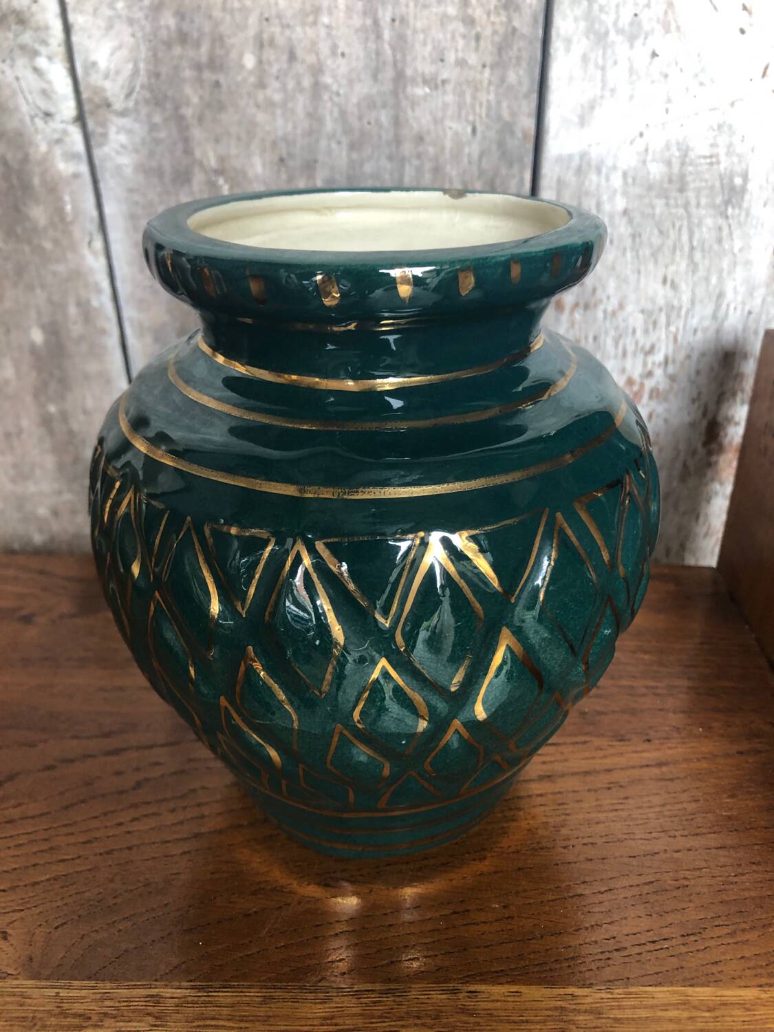 Old vallauris vase green ceramic & vintage gold decor #a798