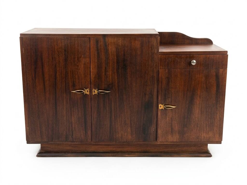 Asymmetrical antique Art Deco sideboard in rosewood veneer.