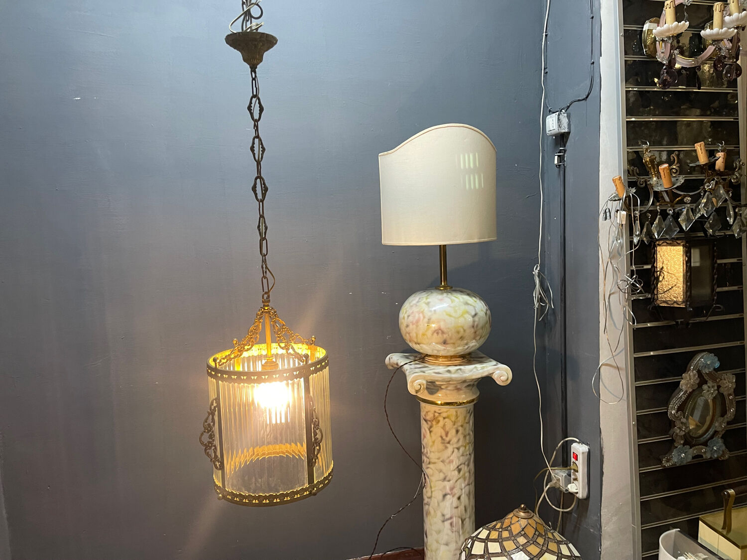 Brass Ribbed Glass Light Pendant 1950’s