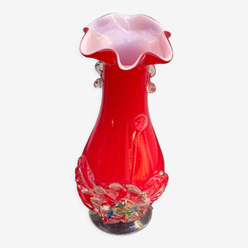 Red and white opaline vase with a vintage Murano glass blown flower pattern and foliage