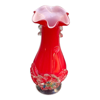 Red and white opaline vase with a vintage Murano glass blown flower pattern and foliage