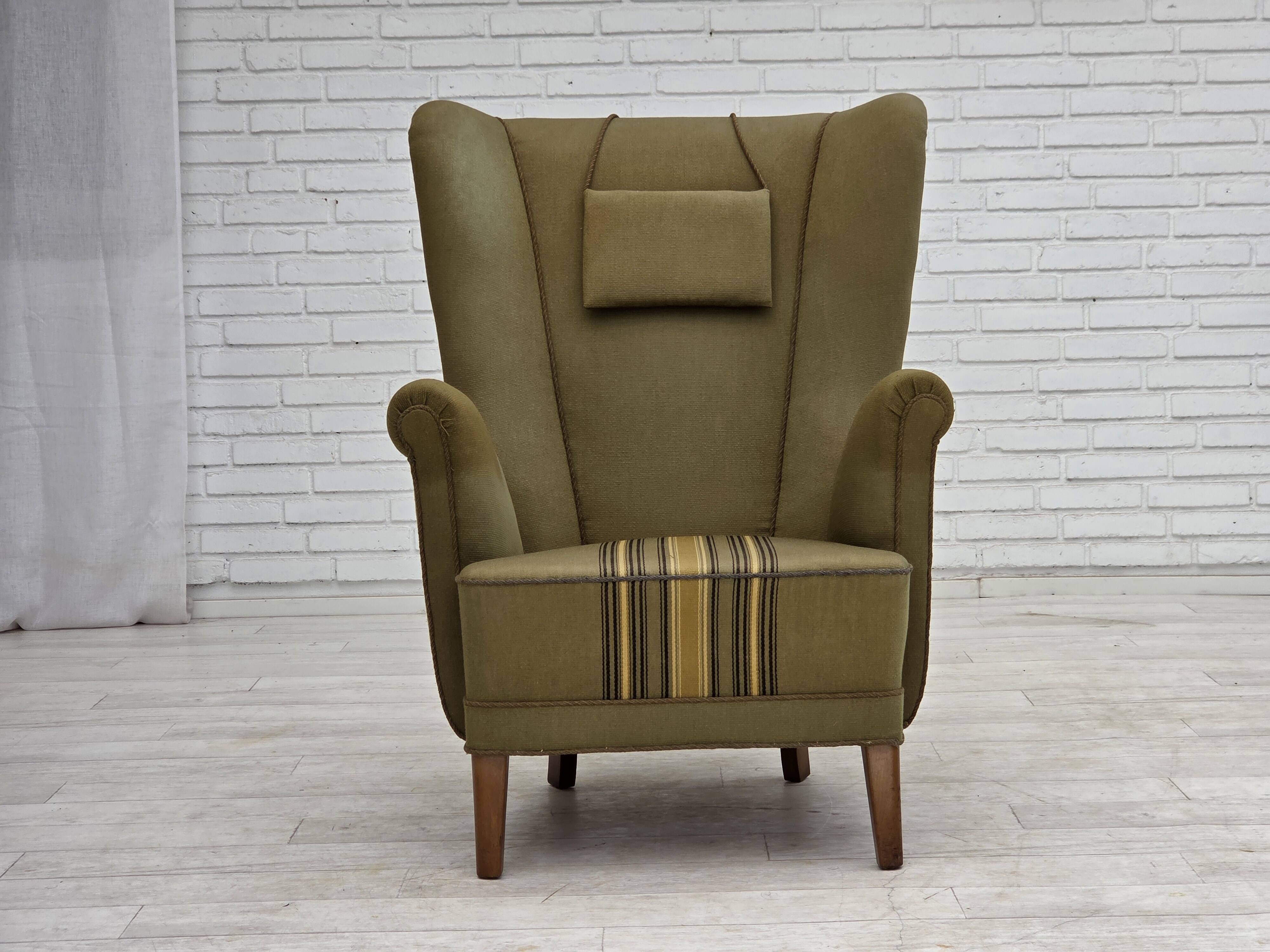 1960s, Danish highback armchair, original green furniture wool.