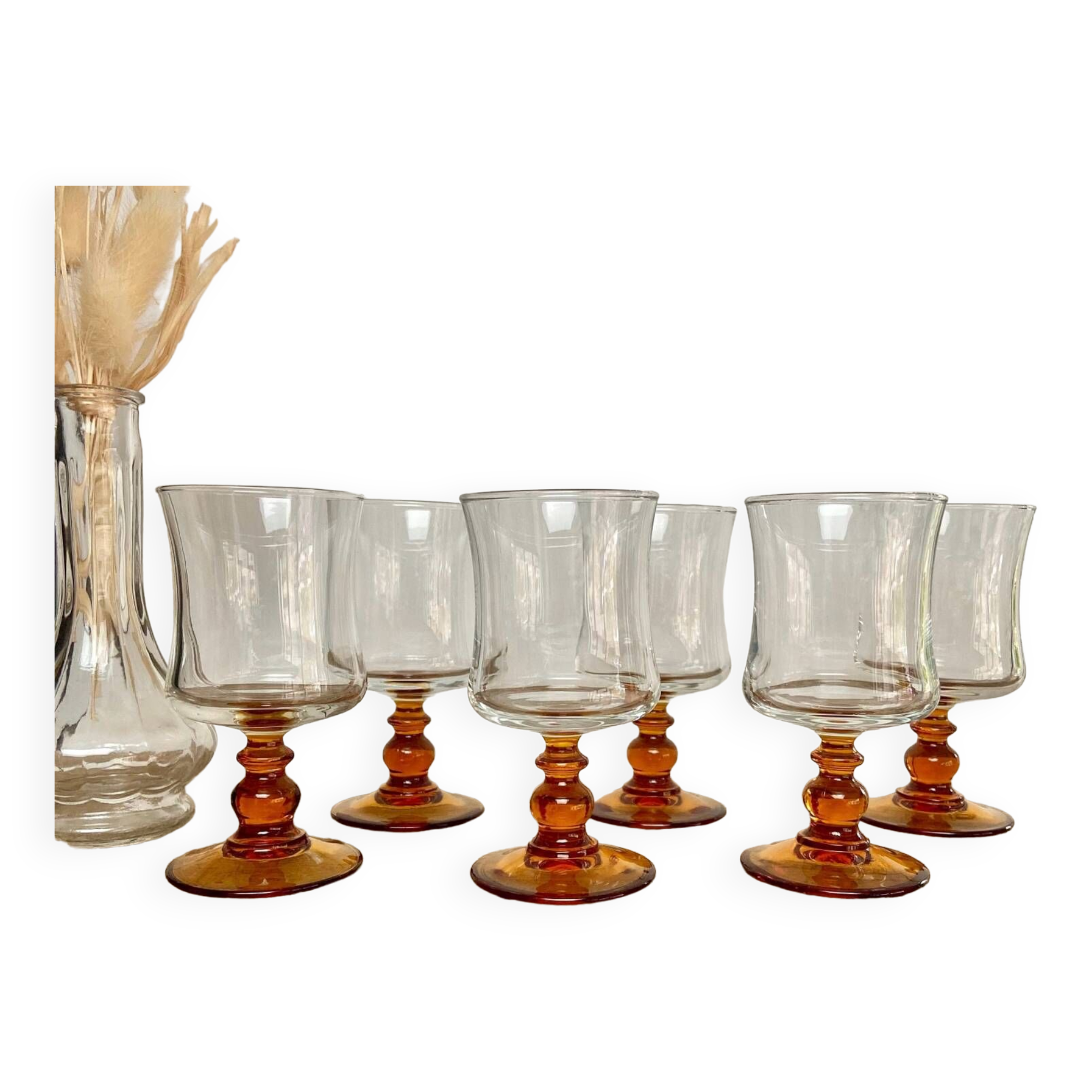 6 small vintage amber stemmed glasses