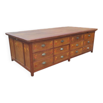 Double-sided haberdashery counter craft furniture with 24 art nouveau drawers bank shell handles