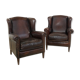 Paire de fauteuils à ailes en cuir de mouton brun foncé vintage