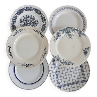 6 assiettes plates vintage dépareillées porcelaine bleue et blanche - Lot W