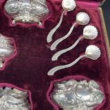 4 salerons, argent, Ravinet D'enfert, 4 pelles, intérieur verre blanc, écrin, intérieur pourpre, XIX