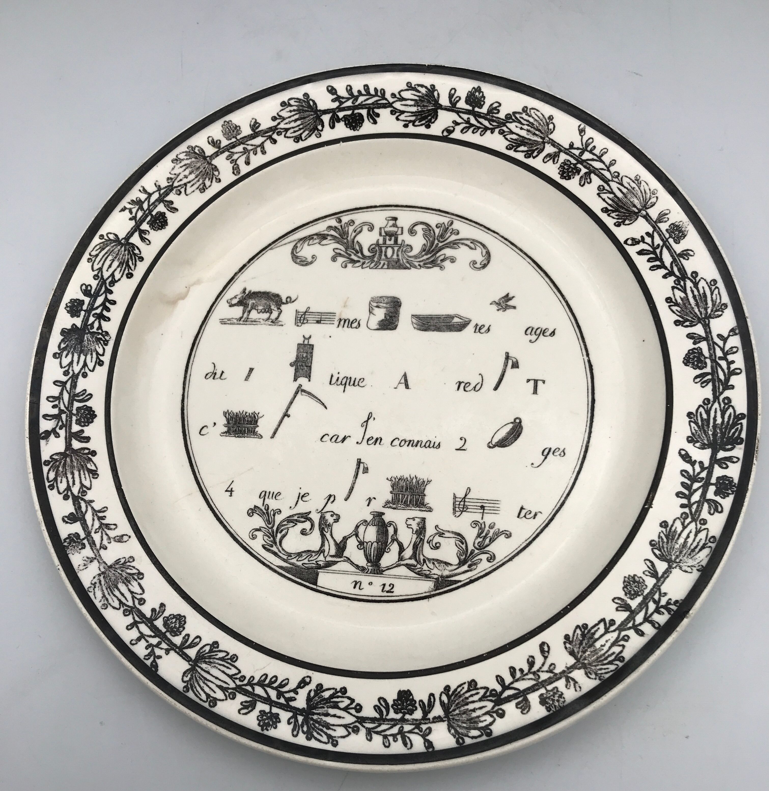 Lot of 6 plates in fine earthenware from choisy-le-roi, p&h, rebus décor; xixth