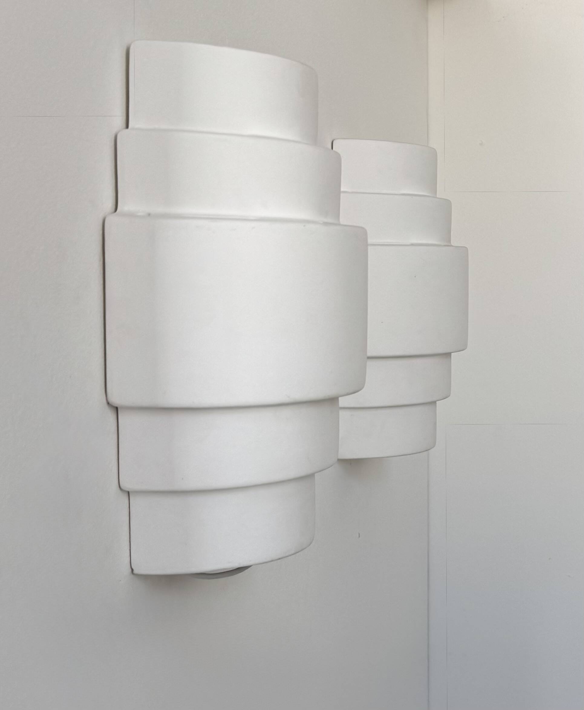 Pair of vintage plaster wall lights, matte white, France, 1980.