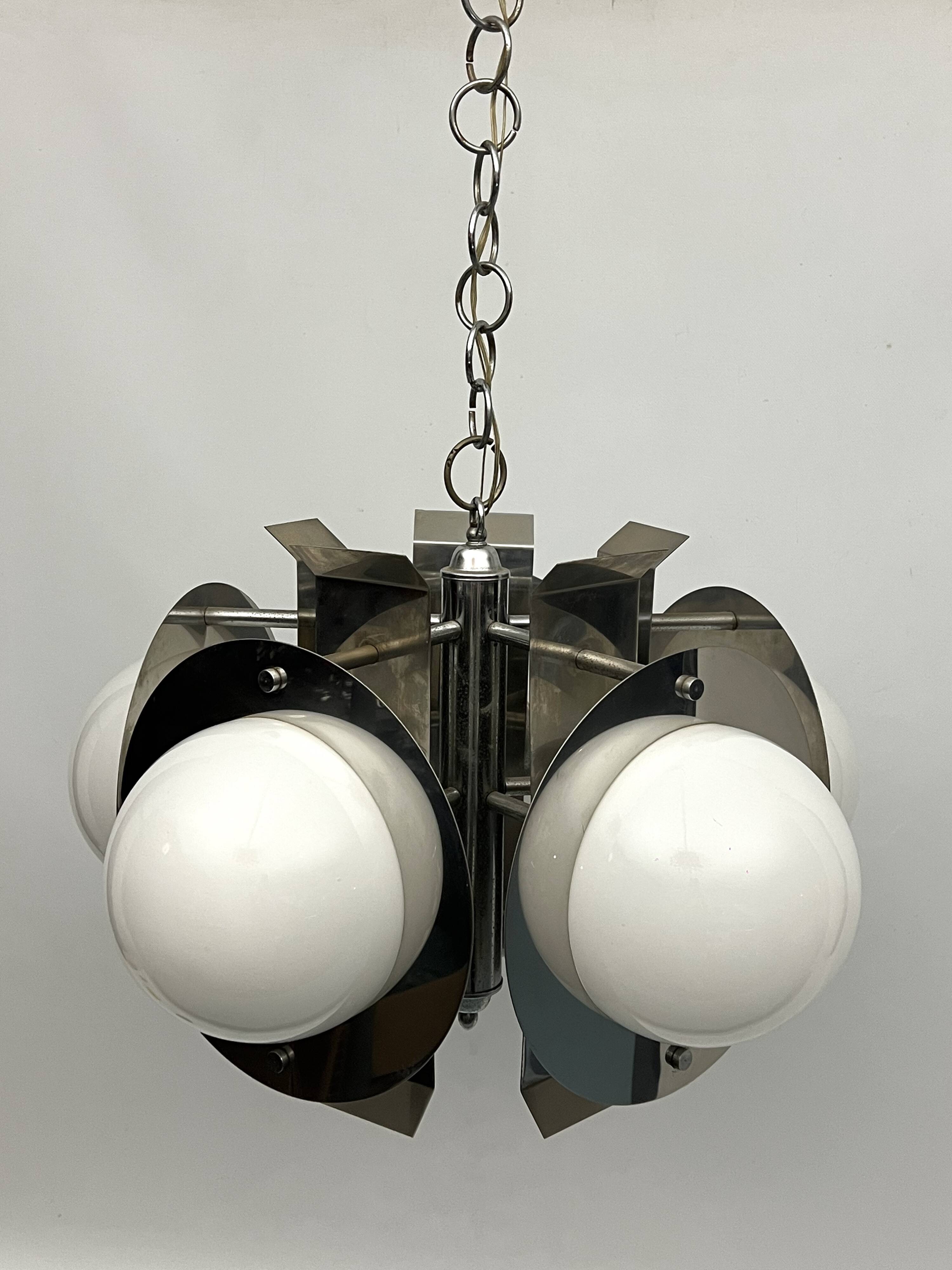 Space Age five lights chandelier in chrome and white glass. Italy 1970s