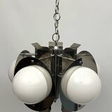 Space Age five lights chandelier in chrome and white glass. Italy 1970s