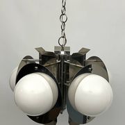 Space Age five lights chandelier in chrome and white glass. Italy 1970s