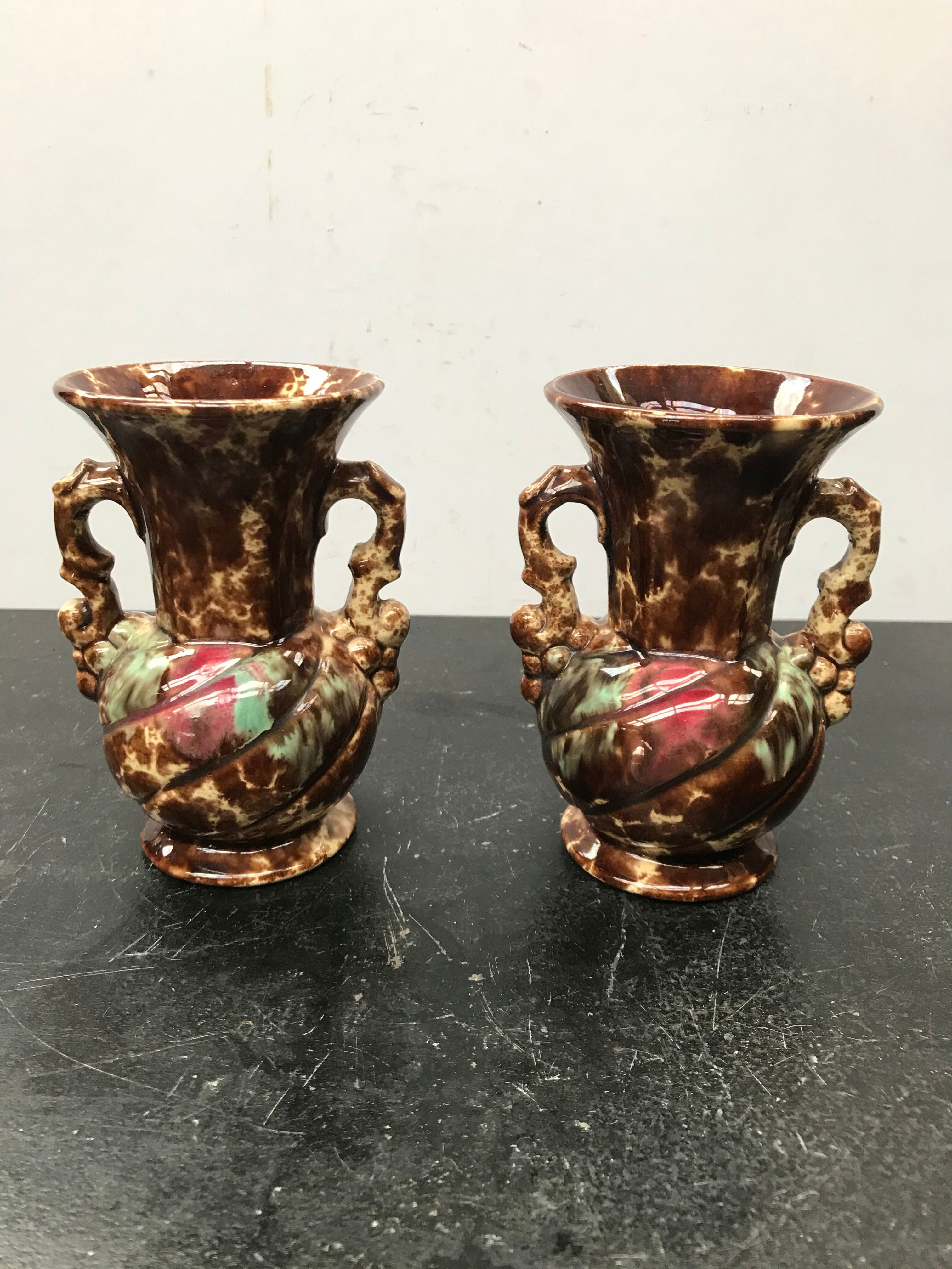 Pair of old vases with vintage beige brown ceramic handles