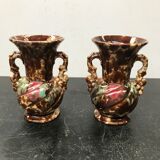 Pair of old vases with vintage beige brown ceramic handles
