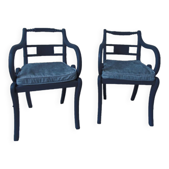 Pair of re-enchanted armchairs in slate gray, completely redone, upholstered.