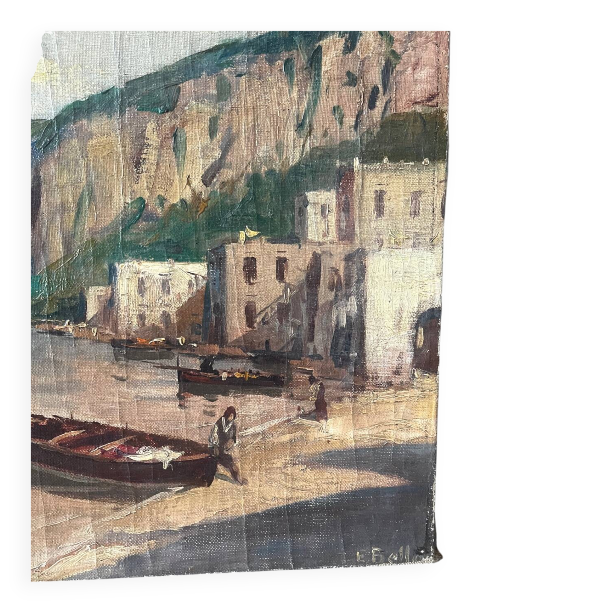 Village in the cliffs, oil on canvas signed E. Bello