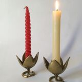 Pair of brass lotus flower candlesticks