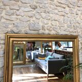 Old fireplace mirror 144cm/97.5cm, pearled, late 19th century, gilded with pricked ice leaf.