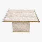 1970s square coffee table in travertine and brass
