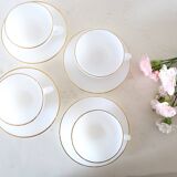 Set of 4 cups and under cups Arcopal harlequin range, white and gold, made in France