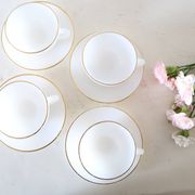 Set of 4 cups and under cups Arcopal harlequin range, white and gold, made in France