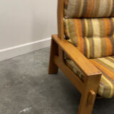 Vintage large elm wood lounge chair with original fabric, 1970s France